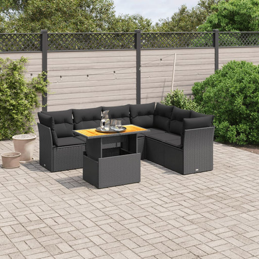 7-tlg. Garten-Sofagarnitur mit Kissen Schwarz Poly Rattan