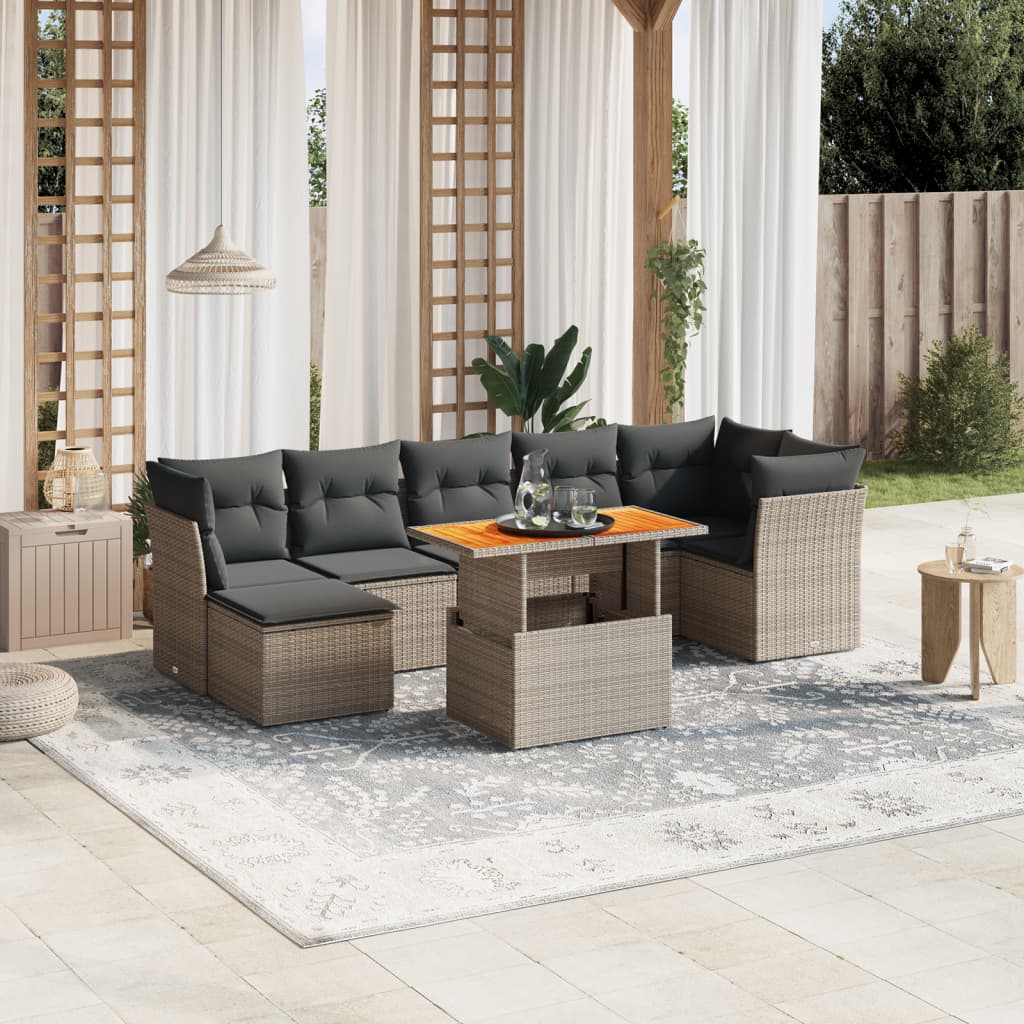 8-tlg. Garten-Sofagarnitur mit Kissen Grau Poly Rattan