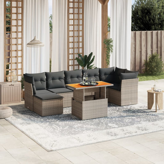 8-tlg. Garten-Sofagarnitur mit Kissen Grau Poly Rattan