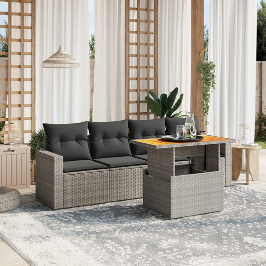 5-tlg. Garten-Sofagarnitur mit Kissen Grau Poly Rattan