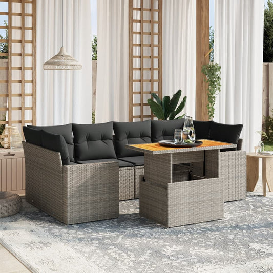 7-tlg. Garten-Sofagarnitur mit Kissen Grau Poly Rattan
