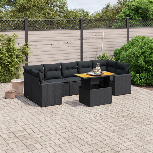 8-tlg. Garten-Sofagarnitur mit Kissen Schwarz Poly Rattan