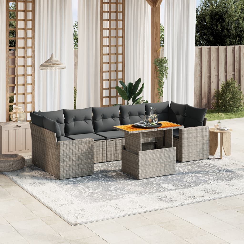 8-tlg. Garten-Sofagarnitur mit Kissen Grau Poly Rattan