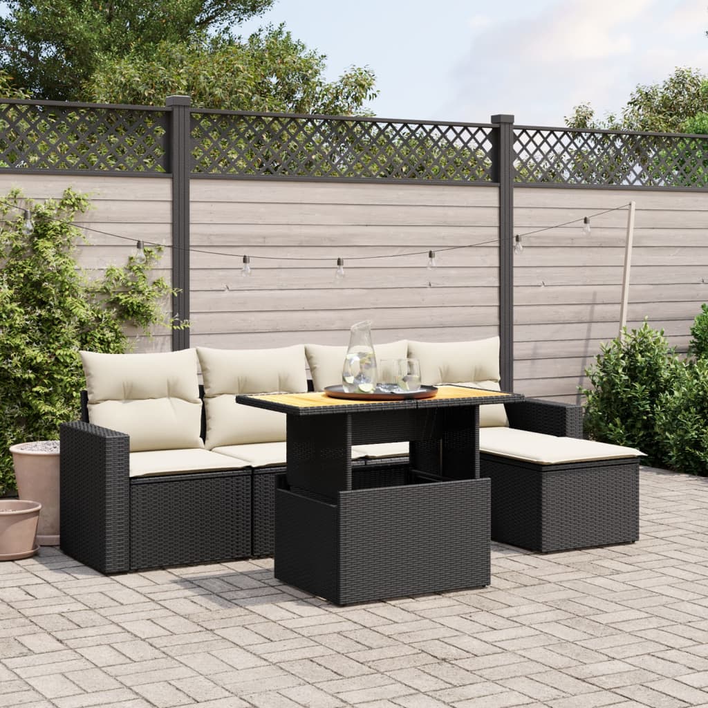 6-tlg. Garten-Sofagarnitur mit Kissen Schwarz Poly Rattan