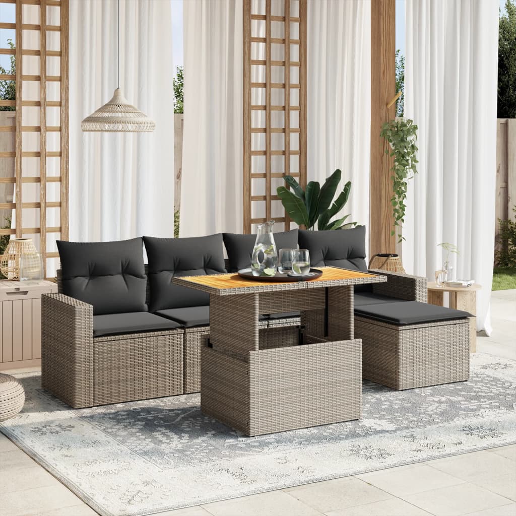 6-tlg. Garten-Sofagarnitur mit Kissen Grau Poly Rattan