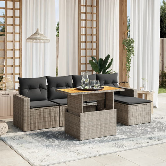 6-tlg. Garten-Sofagarnitur mit Kissen Grau Poly Rattan