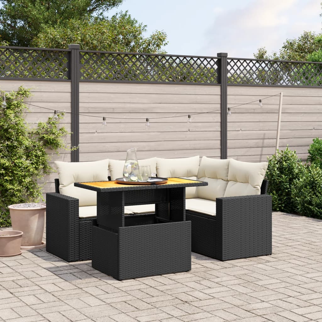 5-tlg. Garten-Sofagarnitur mit Kissen Schwarz Poly Rattan