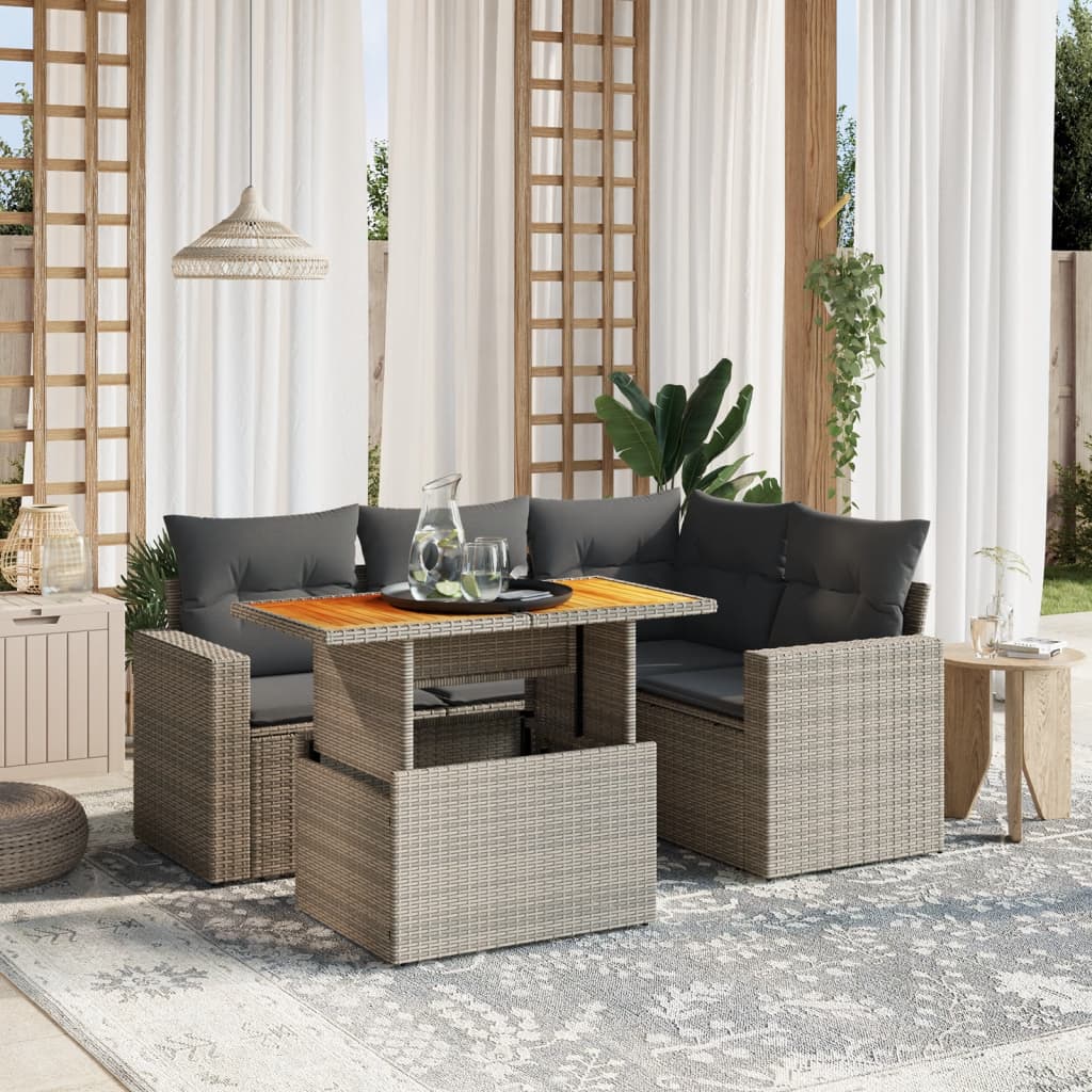 5-tlg. Garten-Sofagarnitur mit Kissen Grau Poly Rattan