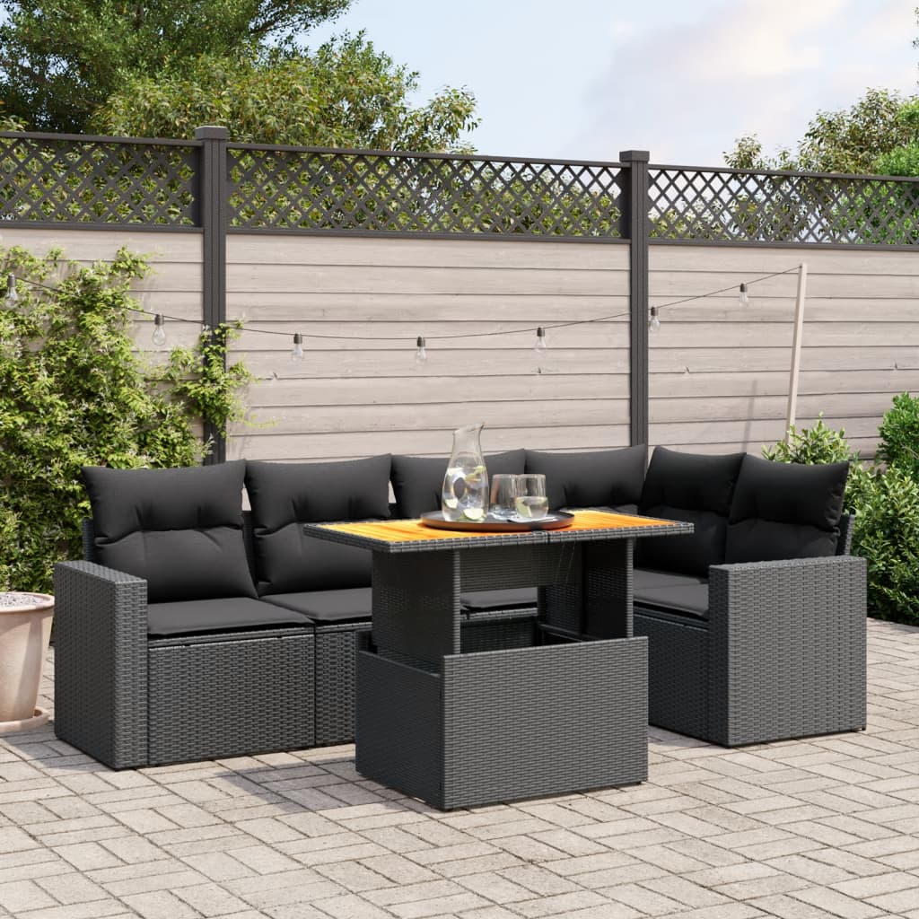 6-tlg. Garten-Sofagarnitur mit Kissen Schwarz Poly Rattan