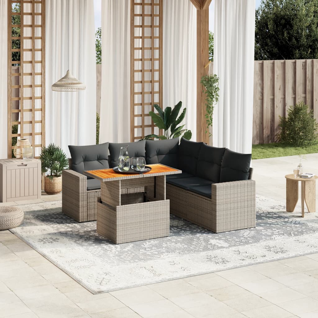 6-tlg. Garten-Sofagarnitur mit Kissen Grau Poly Rattan