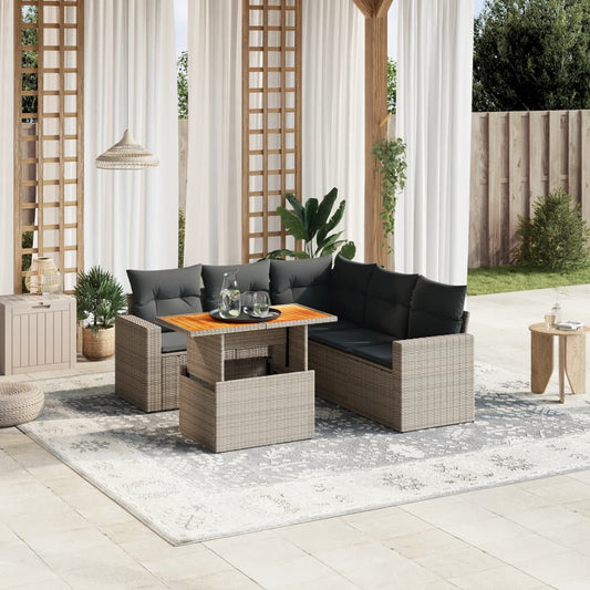 6-tlg. Garten-Sofagarnitur mit Kissen Grau Poly Rattan