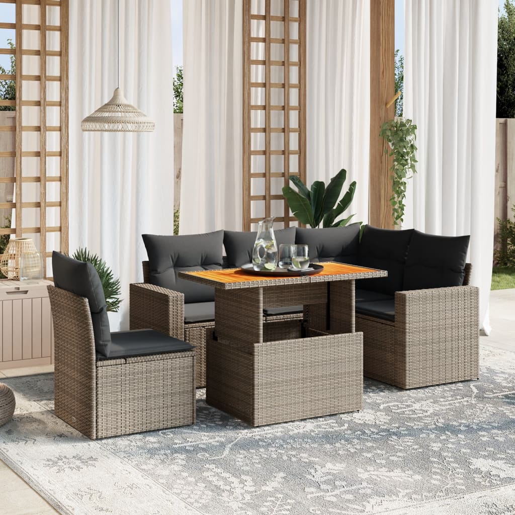 6-tlg. Garten-Sofagarnitur mit Kissen Grau Poly Rattan