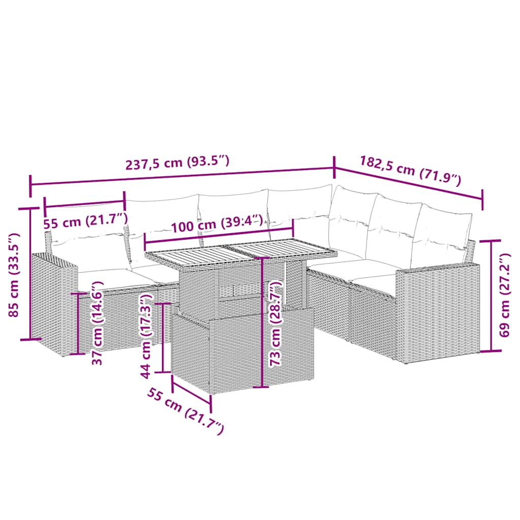 7-tlg. Garten-Sofagarnitur mit Kissen Beige Poly Rattan