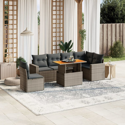7-tlg. Garten-Sofagarnitur mit Kissen Grau Poly Rattan