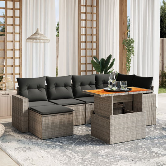 7-tlg. Garten-Sofagarnitur mit Kissen Grau Poly Rattan