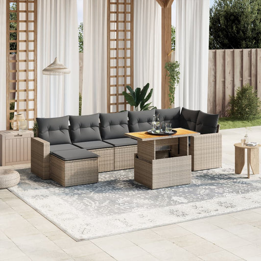 8-tlg. Garten-Sofagarnitur mit Kissen Grau Poly Rattan