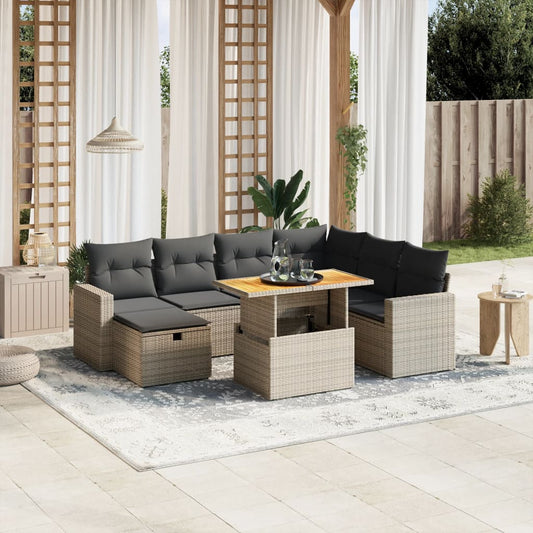 8-tlg. Garten-Sofagarnitur mit Kissen Grau Poly Rattan