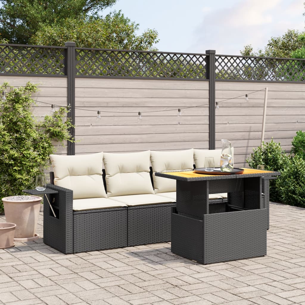 5-tlg. Garten-Sofagarnitur mit Kissen Schwarz Poly Rattan