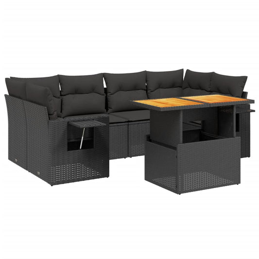 7-tlg. Garten-Sofagarnitur mit Kissen Schwarz Poly Rattan