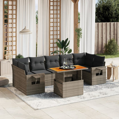 8-tlg. Garten-Sofagarnitur mit Kissen Grau Poly Rattan