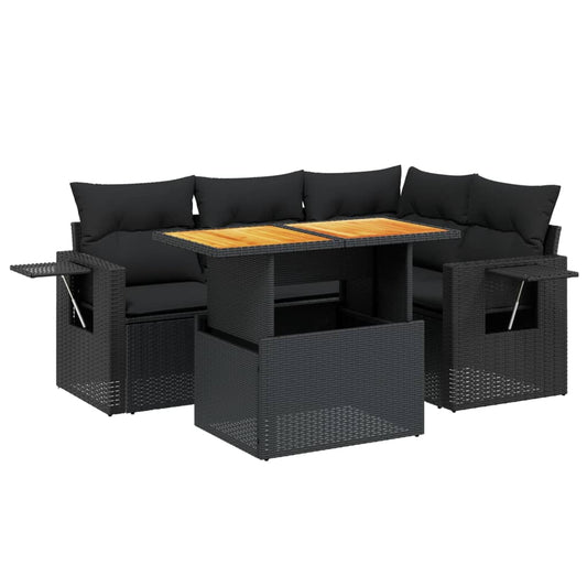 5-tlg. Garten-Sofagarnitur mit Kissen Schwarz Poly Rattan