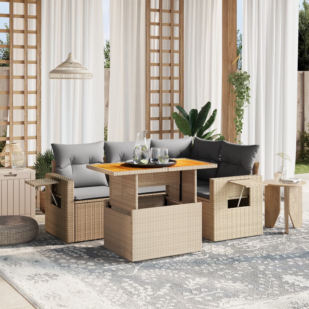 5-tlg. Garten-Sofagarnitur mit Kissen Beige Poly Rattan