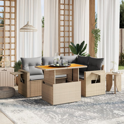 5-tlg. Garten-Sofagarnitur mit Kissen Beige Poly Rattan