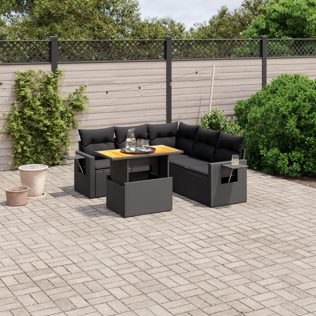 6-tlg. Garten-Sofagarnitur mit Kissen Schwarz Poly Rattan