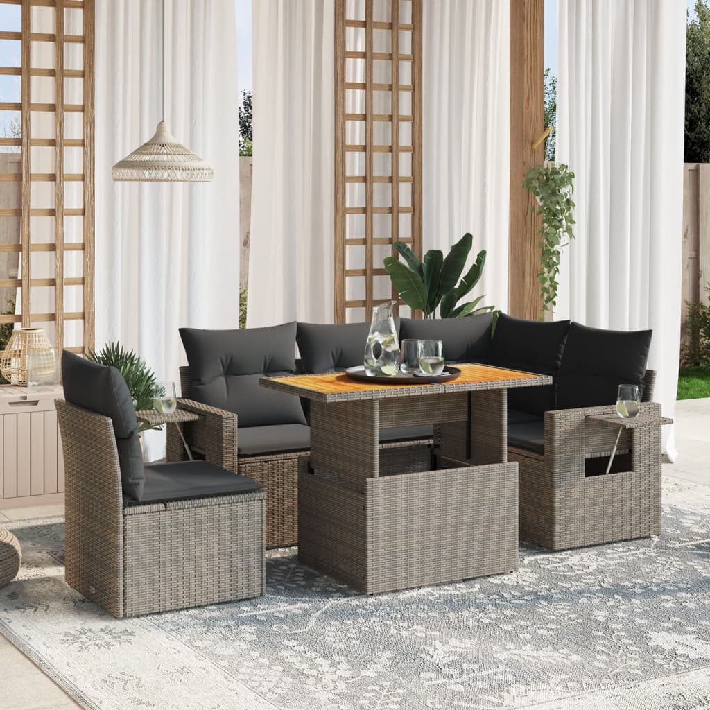6-tlg. Garten-Sofagarnitur mit Kissen Grau Poly Rattan
