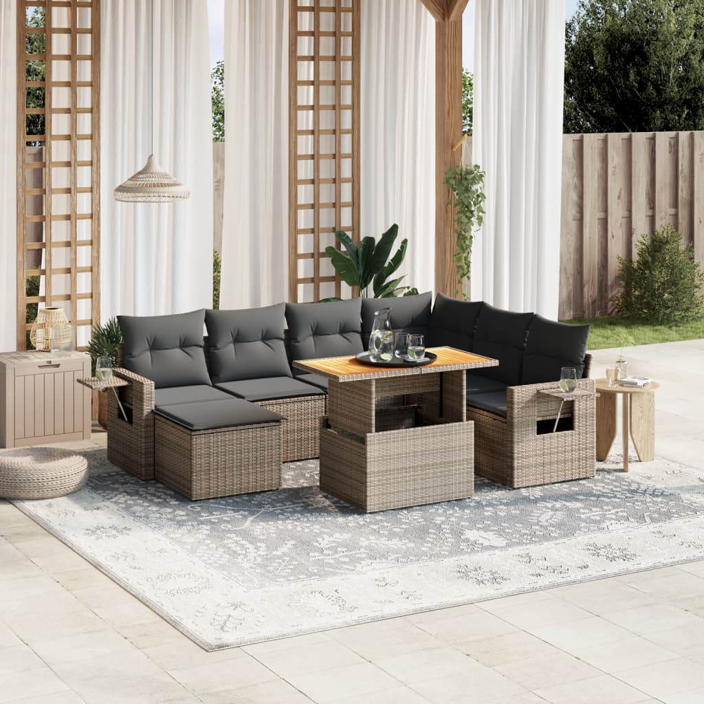 8-tlg. Garten-Sofagarnitur mit Kissen Grau Poly Rattan