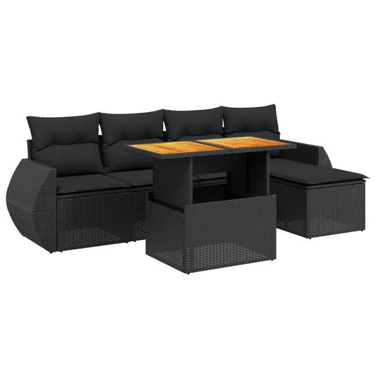 6-tlg. Garten-Sofagarnitur mit Kissen Schwarz Poly Rattan