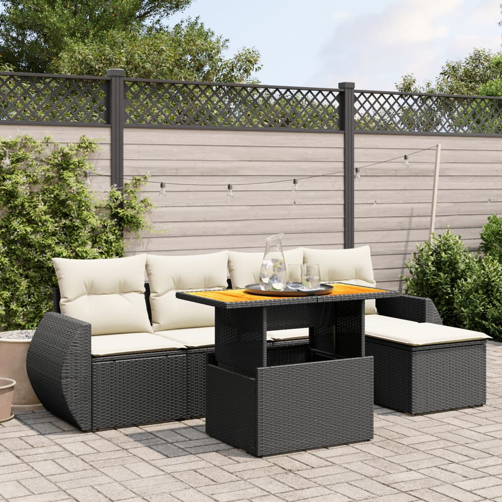 6-tlg. Garten-Sofagarnitur mit Kissen Schwarz Poly Rattan