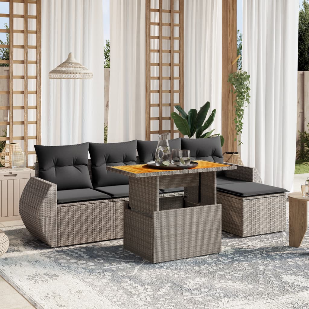 6-tlg. Garten-Sofagarnitur mit Kissen Grau Poly Rattan