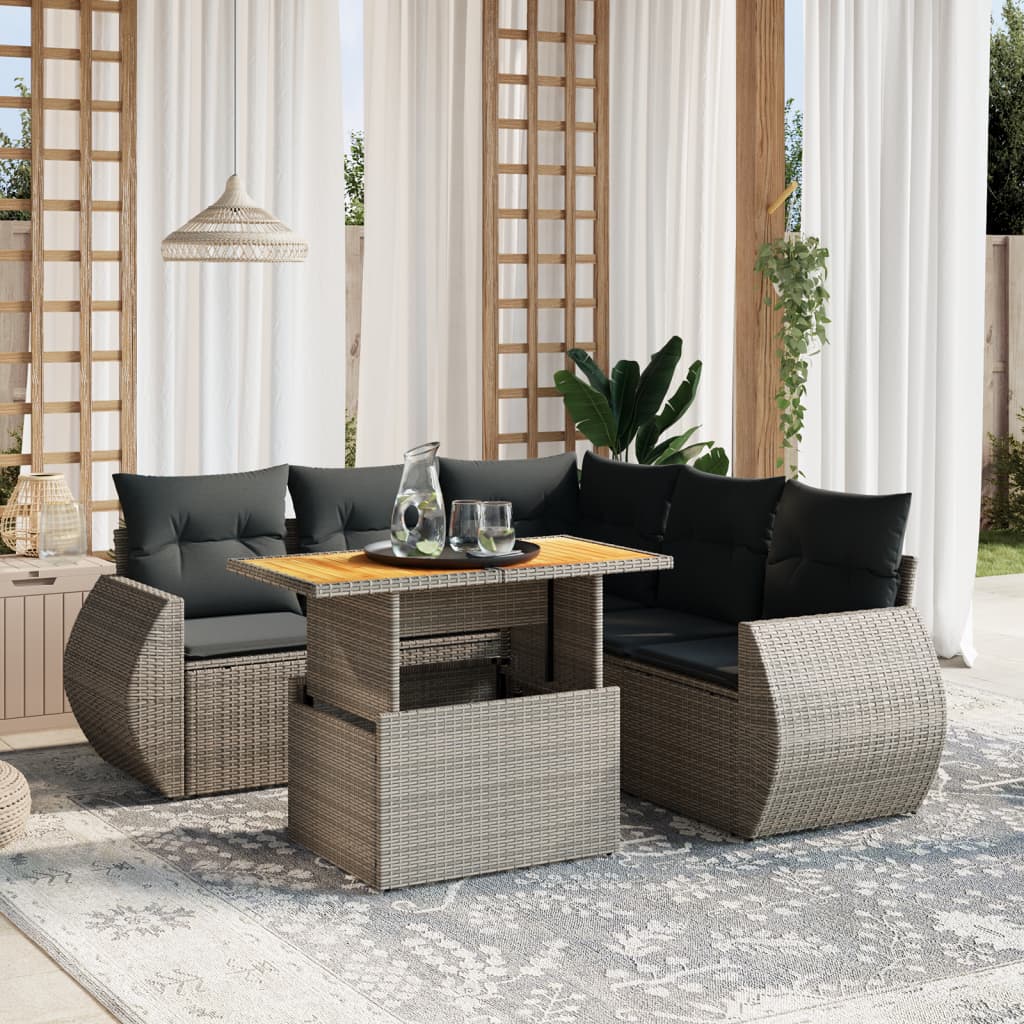 6-tlg. Garten-Sofagarnitur mit Kissen Grau Poly Rattan