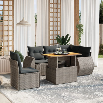 6-tlg. Garten-Sofagarnitur mit Kissen Grau Poly Rattan