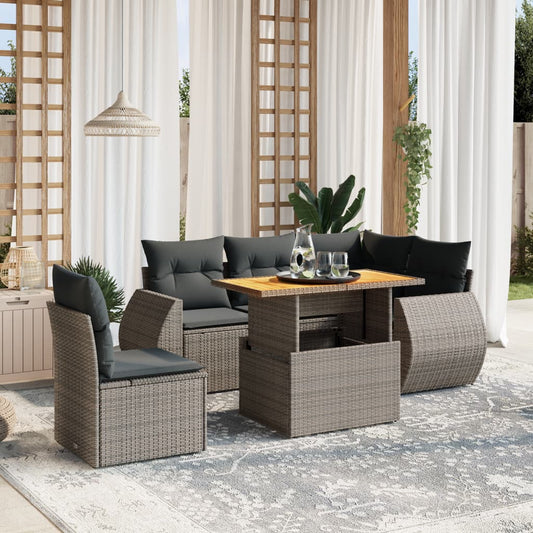 6-tlg. Garten-Sofagarnitur mit Kissen Grau Poly Rattan