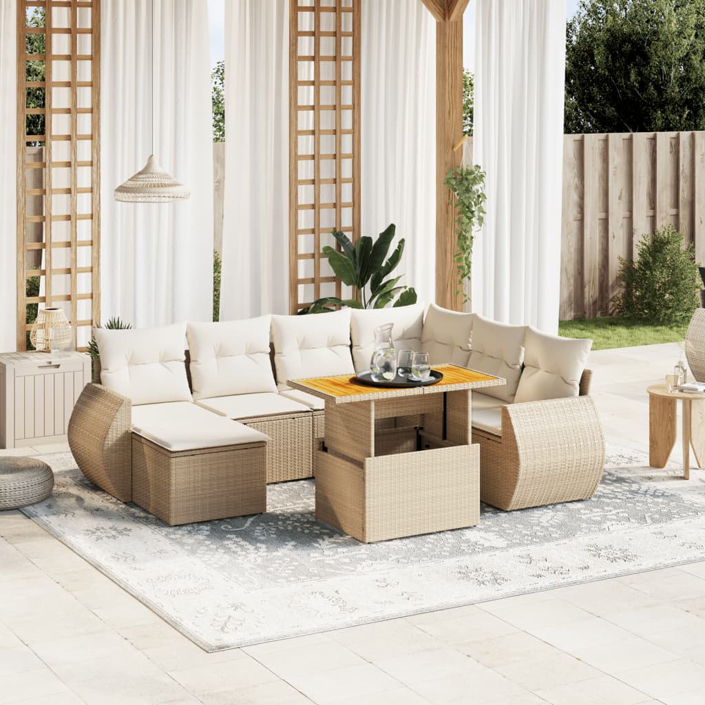 8-tlg. Garten-Sofagarnitur mit Kissen Beige Poly Rattan
