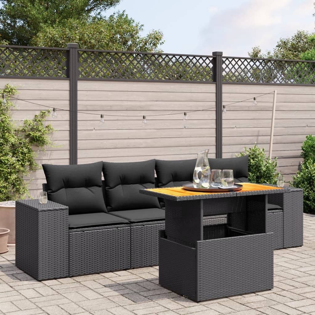 5-tlg. Garten-Sofagarnitur mit Kissen Schwarz Poly Rattan
