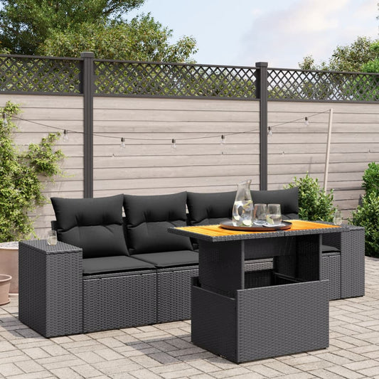 5-tlg. Garten-Sofagarnitur mit Kissen Schwarz Poly Rattan