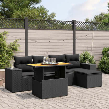 6-tlg. Garten-Sofagarnitur mit Kissen Schwarz Poly Rattan