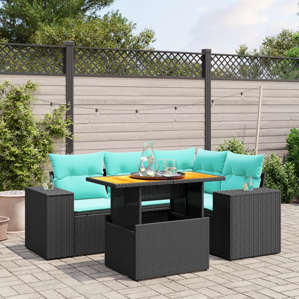 5-tlg. Garten-Sofagarnitur mit Kissen Schwarz Poly Rattan