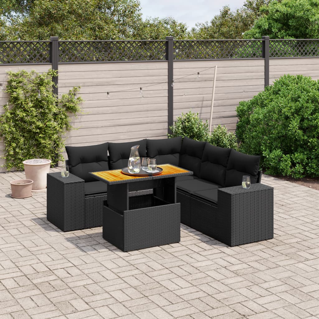 6-tlg. Garten-Sofagarnitur mit Kissen Schwarz Poly Rattan
