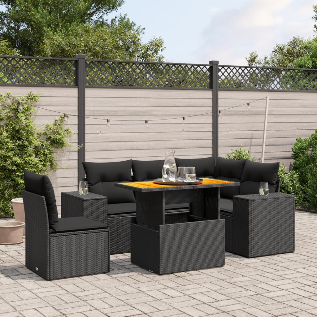 6-tlg. Garten-Sofagarnitur mit Kissen Schwarz Poly Rattan