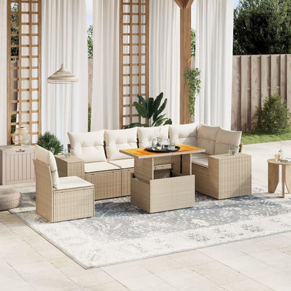 7-tlg. Garten-Sofagarnitur mit Kissen Beige Poly Rattan
