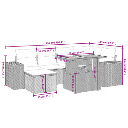 7-tlg. Garten-Sofagarnitur mit Kissen Schwarz Poly Rattan