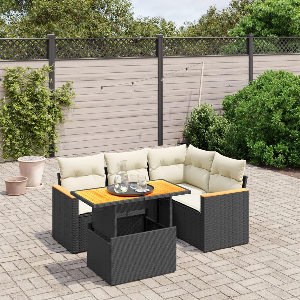 5-tlg. Garten-Sofagarnitur mit Kissen Schwarz Poly Rattan