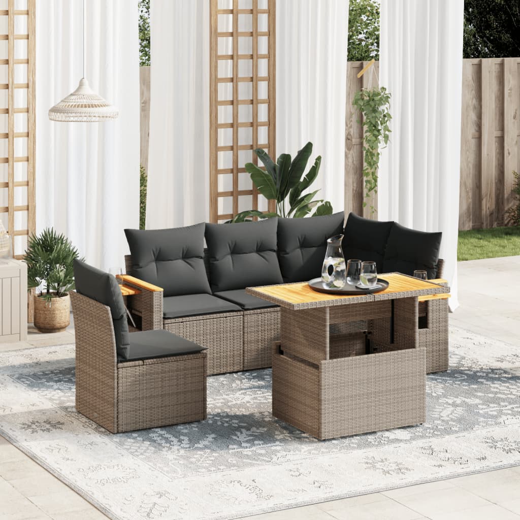 6-tlg. Garten-Sofagarnitur mit Kissen Grau Poly Rattan