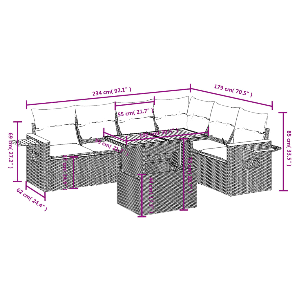7-tlg. Garten-Sofagarnitur mit Kissen Grau Poly Rattan