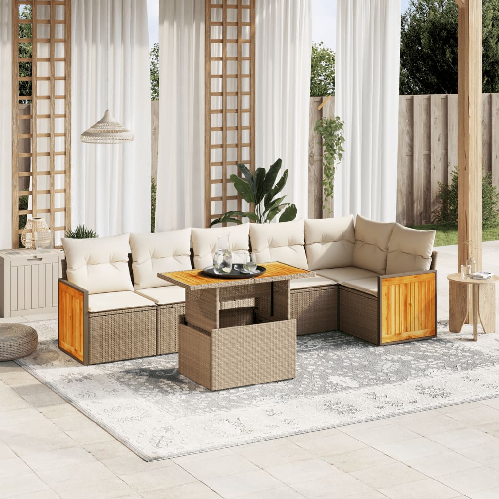 7-tlg. Garten-Sofagarnitur mit Kissen Beige Poly Rattan