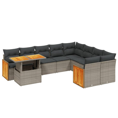 10-tlg. Garten-Sofagarnitur mit Kissen Grau Poly Rattan